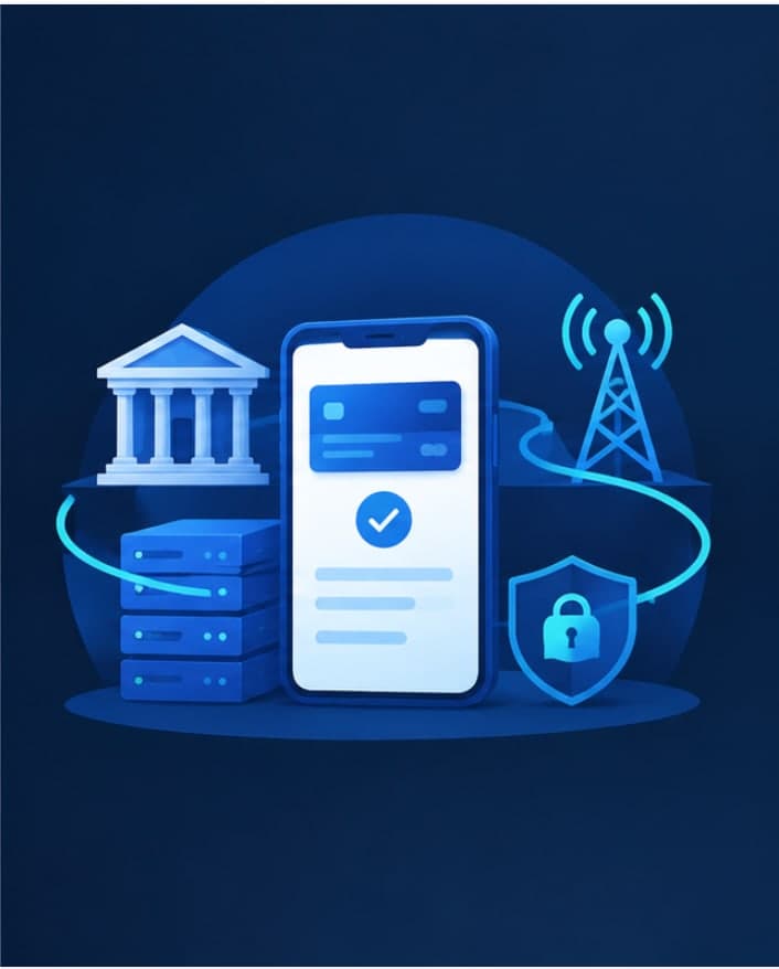 Illustration of a phone confirming a payment between a bank, servers and a telecom tower