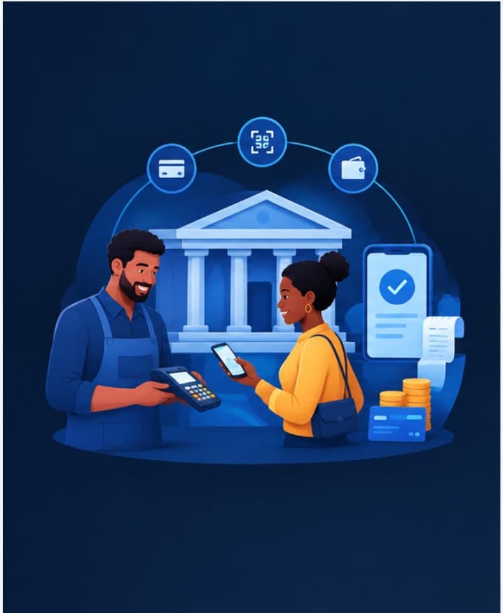 Illustration of a customer paying a merchant by phone in front of a bank